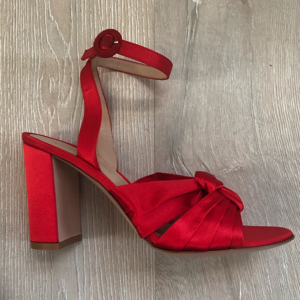 GIANVITO ROSSI Red Satin Block Heel Sandals 37.5